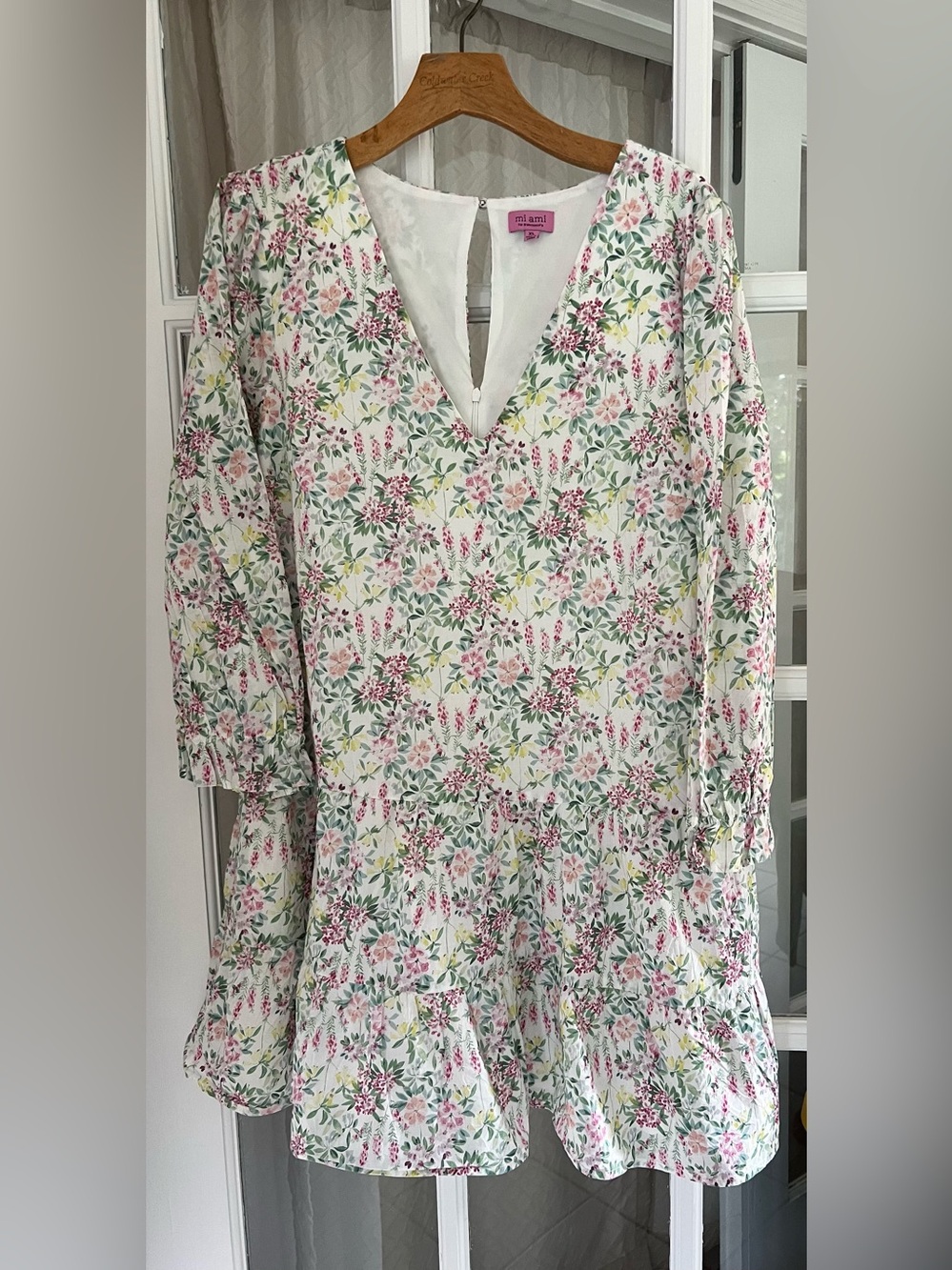 Mi Ami for Francesca's Women's Size XL Floral Drop Waist White Pink Green Dress